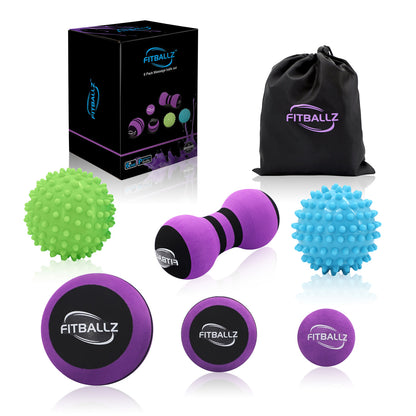 Fitballz™ Ultimate Massage Ball Kit - Plantar Fasciitis & Myofascial Trigger Point Release , Kit of 6 Myofascial Release Balls,Peanut Ball, 3 Sizes Massage Balls, 2 Spiky Firm/Soft