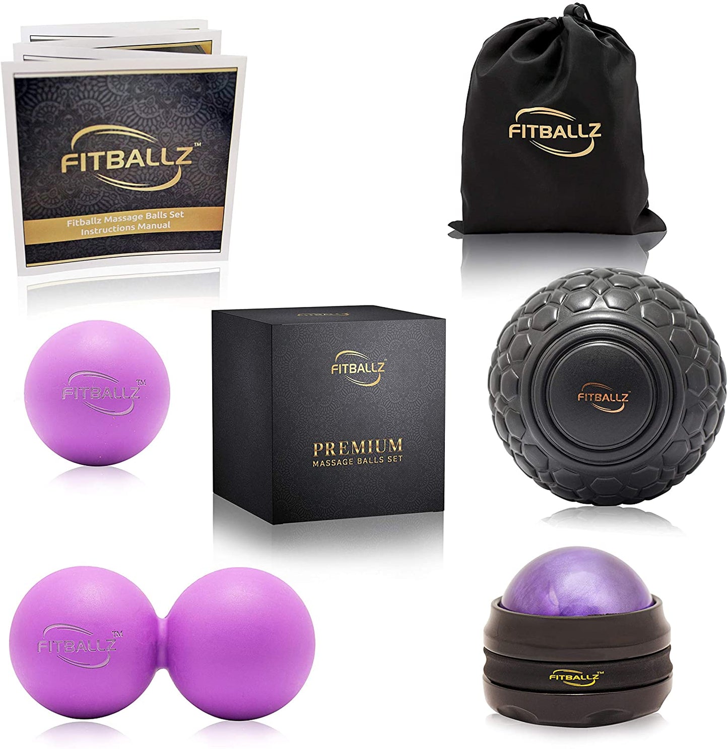 Fitballz™ Massage Ball Set - 5" Mobility Ball, Peanut, Lacrosse, Manual Roller Ball - Myofascial Trigger Point Release & Deep Tissue Therapy